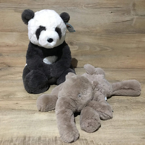 Photo of the Jellycat Harry Panda next to the Smudge elephant.