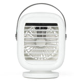 Photo of the white Aqualina companion water cooled desk fan. It has a circular base that the compact fan rotates on. It has a carry handle attached to the fan.