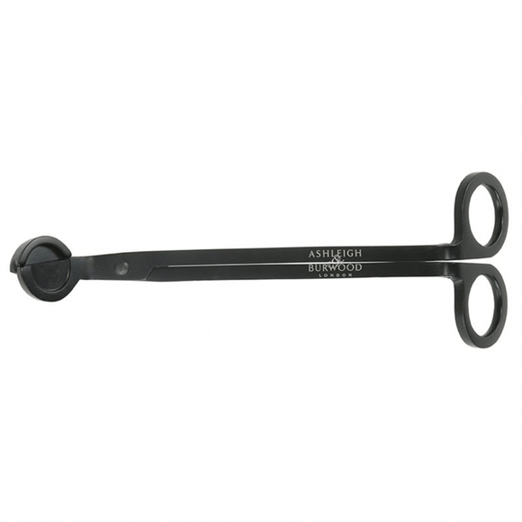 Photo of the Ashleigh & Burwood Wick trimmer. The matte black trimmer looks like long scissors, but with a circular plate at the end for trimming and catching the wick.
