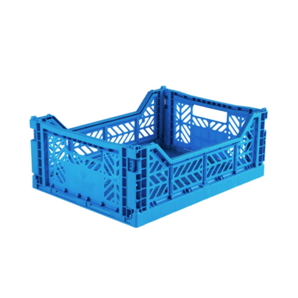 Photo of the Electric Blue midi foldable crate from Aykasa. The crate is in its 3D state, rather than folded flat.