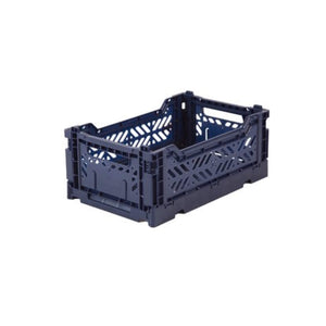 Photo of the Navy mini foldable crate from Aykasa. The crate is in its 3D state, rather than folded flat.