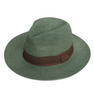 Photo of a teal blue panama hat with simple contrasting band.