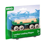 Photo of the BRIO Lumber Loading Wagon. The green wagon sits on 8 wheels. Three long wooden logs sit in the wagon. A magnet can be seen on the top of one of the logs. The packaging shows that the train is suitable for ages 3+.