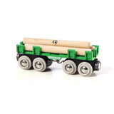 Photo of the BRIO Lumber Loading Wagon. The green wagon sits on 8 wheels. Three long wooden logs sit in the wagon. A magnet can be seen on the top of one of the logs. 