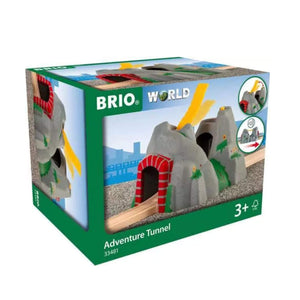 Photo of the BRIO Adventure Tunnel Box. The picture shows the grey mountain tunnel with yellow folding bridge. An inset photo shows that when a train goes through the tunnel, sounds are triggered. The packaging shows that it is suitable for ages 3+. 
