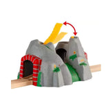Photo of the BRIO Adventure Tunnel. The picture shows the grey mountain tunnel with yellow folding bridge. 