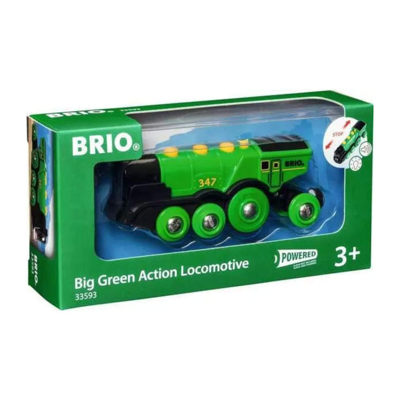Photo of the BRIO Big Green Action Locomotive box. This long green engine has green wheels and yellow buttons. An inset illustration shows that the train can go forwards, backwards, stop and has lights and sound. The packaging shows that it is suitable for ages 3+ and is battery powered.