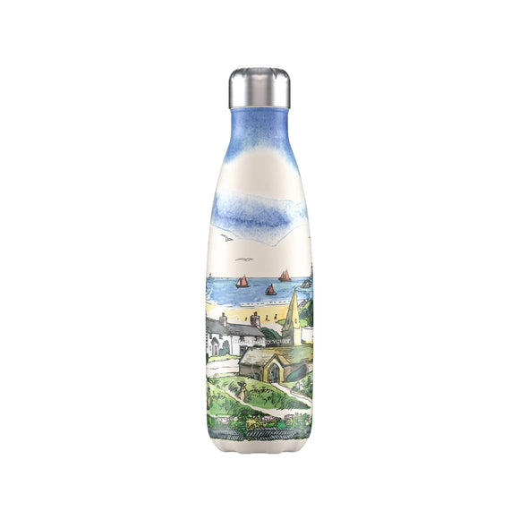 Photo of the Chilly's 500ml classic bottle in collaboration with Emma Bridgewater. The image is an illustrated scene of a seaside village with sea beyond.