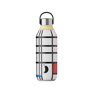 Photo of the Chilly's Series 2 500ml Bottle featuring Piet Mondrian's 'Composition with Yellow, Blue and Red' artwork. This piece of art has a white background with thick black vertical and horizontal lines at varying distances form each other. One of the rectangles is filled with yellow and another with red. Running across three vertical rectangles is a pale blue line. The lid is silver with a small black handle for easy carrying. 