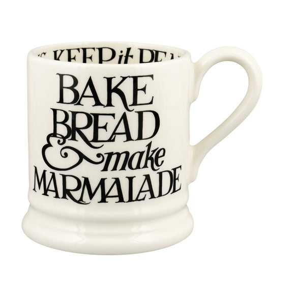 Front view of the Emma Bridgewater Bake Bread Black Toast half pint mug. The words say 'Bake Bread & make Marmalade'.