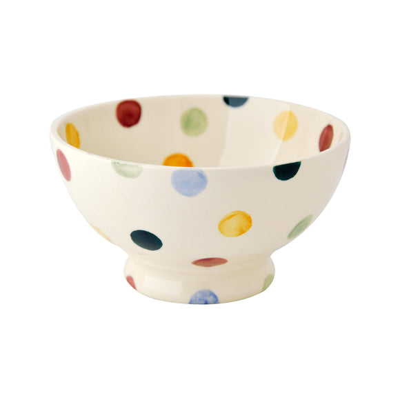 Side view of the Emma Bridgewater Polka Dot French Bowl. The polka dots ares in shades of green, blue, red and yellow.