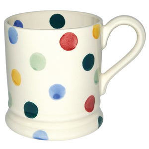 Side view of the Emma Bridgewater Half Pint Mug. The polka dots ares in shades of green, blue, red and yellow.