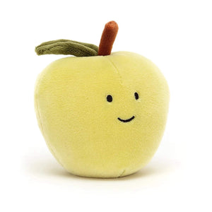 Photo of a a Jellycat green apple cuddly toy. It has black eyes and smiling mouth, a dark brown stalk and dark green leaf can be seen on top.