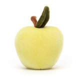 Back view photo of a Jellycat green apple cuddly toy. A dark brown stalk and dark green leaf can be seen on top.