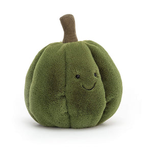 Photo of the Jellycat Squishy Squash Green. This dark green cuddly toy has a little black embroidered smile and  little black eyes. A brown stalk sticks out of its top. 