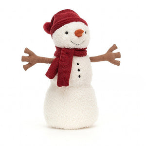 Picture of a large, cream snowman teddy bear by Jellycat. He is wearing a burgundy knitted hat and scarf. The hat has a pompom on the end. His arms are brown corduroy fabric and he has a suede orange nose. His eyes, mouth and three buttons are all black stitching.