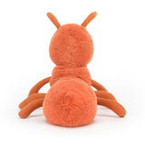 Back view of the Wriggidig Ant cuddly toy from Jellycat. It is completely orange. It has 6 legs, 2 antenna and a bulbous bottom! 