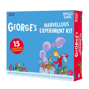 Photo of the Roald Dahl George's marvellous Experiment Kit box. It includes an illustration from the book and shows that there are 15 experiments included. The tag line is 'Help George create 15 truly marvellous, safe experiments'. It also says that is suitable for ages 8 up.