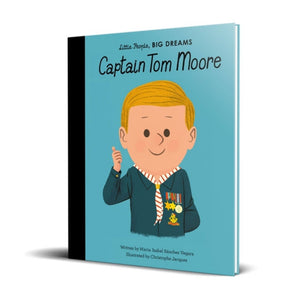Image of the front cover of the Little People, Big Dreams book on Captain Tom Moore. An illustration of Tom as a child sits against a turquoise background. A black spine can be seen which matches the spine on the other books in the series.