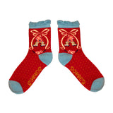 Red socks with blue toes, heel and frill. The letter A is on the ankle with  bow illustrated around it.