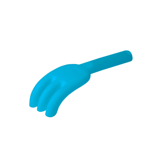 Photo of the Scrunch Rake in Blue Sky which is a bright blue.. This moulded plastic rake has three prongs and a chunky handle to make it easy for children to hold.