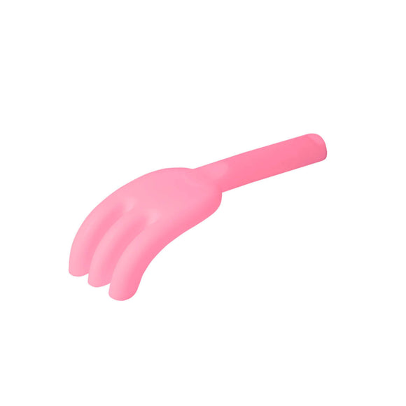 Photo of the Scrunch Rake in Flamingo Pink. This moulded plastic rake has three prongs and a chunky handle to make it easy for children to hold.