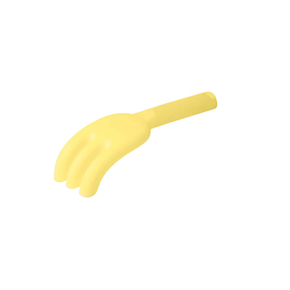 Photo of the Scrunch Rake in Lemon Yellow. This moulded plastic rake has three prongs and a chunky handle to make it easy for children to hold.