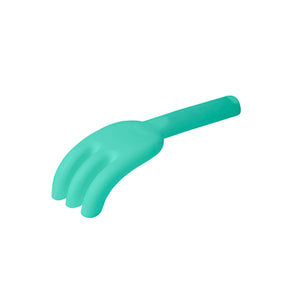 Photo of the Scrunch Rake in a teal green. This moulded plastic rake has three prongs and a chunky handle to make it easy for children to hold.