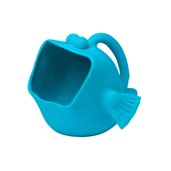 Photo of the Scrunch Scoop in Blue Sky (a bright blue). This pufferfish shaped, silicone scoop has a handle on the back that goes into its tail, two fins sticking out on the side and two eyes on top of a wide open mouth that serves as the scoop.