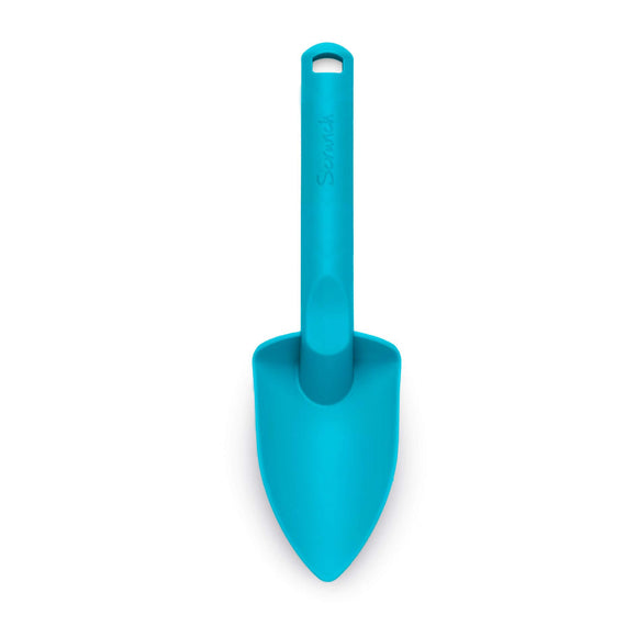 Photo of the Scrunch plastic spade in Sky Blue (bright blue). This spade is simple in design with a chunky handle to make it easy for children to hold.