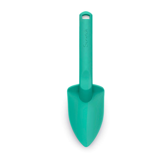 Photo of the Scrunch plastic spade in teal green. This spade is simple in design with a chunky handle to make it easy for children to hold.